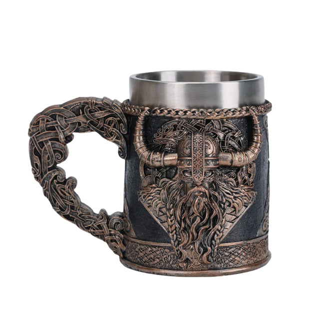 Valhalla Viking Barrel Beer Mug – 400ml Stainless Steel & Resin Nordic Skull Tankard with Dragon Boat Design – Warrior Horn Mug for Beer, Coffee & More