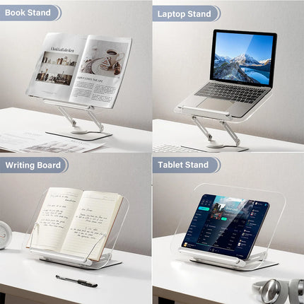 Adjustable Acrylic Book Stand with 360° Rotating Base – Foldable Desktop Reading Holder with Elastic Page Clips & Height Adjustment