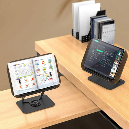 Adjustable Acrylic Book Stand with 360° Rotating Base – Foldable Desktop Reading Holder with Elastic Page Clips & Height Adjustment