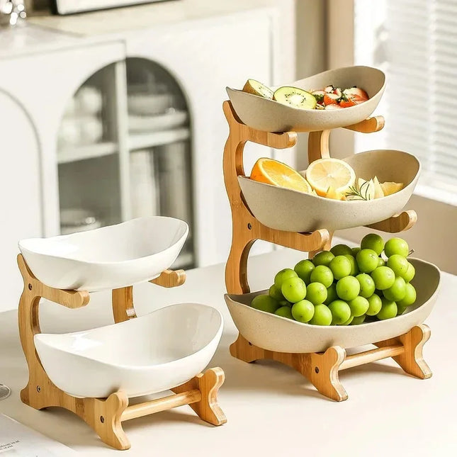 1/2/3 Tier Fruit Plate – Light Luxury Plastic Snack & Candy Dish with Wooden Handle for Home, Kitchen, Living Room