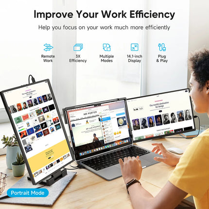 Dopesplay 14.1" Triple Laptop Screen Extender – Dual 1200P FHD IPS Portable Monitors | 360° Rotation, Foldable Design | Compatible with Windows, Mac, Chrome, Android (14–17.3” Laptops)
