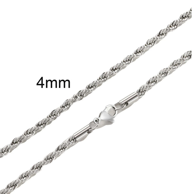 Stainless Steel Rope Chain Necklace for Men & Women – 2mm to 5mm, Gold/Silver, Twist Link Design, 16-36” Length – Minimalist & Punk Style