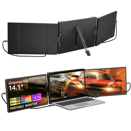 Dopesplay 14.1" Triple Laptop Screen Extender – Dual 1200P FHD IPS Portable Monitors | 360° Rotation, Foldable Design | Compatible with Windows, Mac, Chrome, Android (14–17.3” Laptops)
