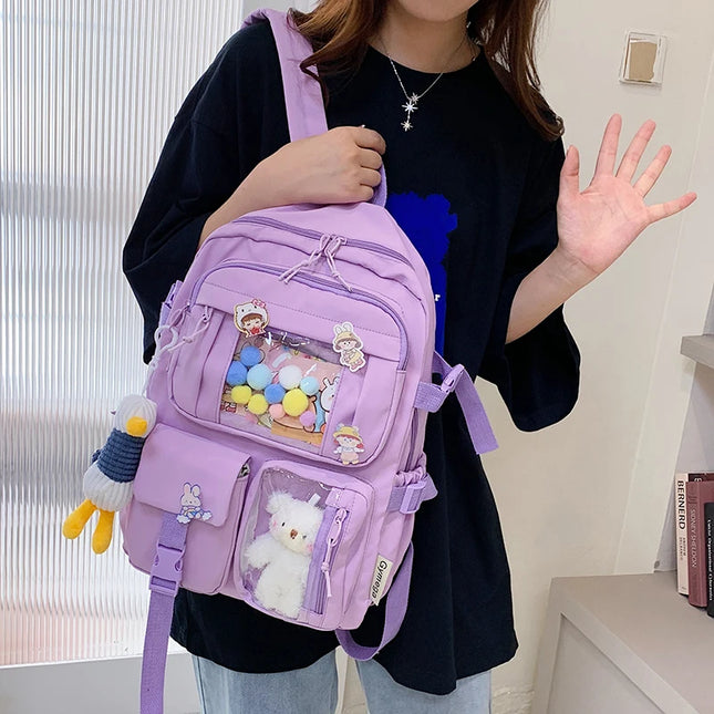 Cute Women’s Waterproof Nylon Backpack – Multi-Pocket Kawaii School & Laptop Bag (Fits 15-inch Laptop, A4 Books)