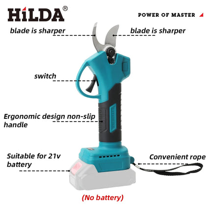 HILDA Brushless Electric Pruning Shears – Cordless Fruit Tree Branch Scissors | Fits Makita 18V Battery