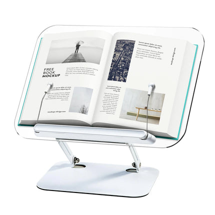 Adjustable Acrylic Book Stand with 360° Rotating Base – Foldable Desktop Reading Holder with Elastic Page Clips & Height Adjustment