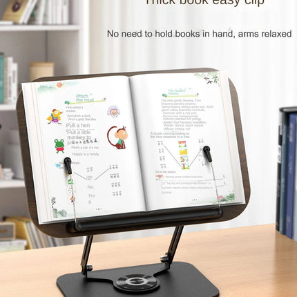Adjustable Acrylic Book Stand with 360° Rotating Base – Foldable Desktop Reading Holder with Elastic Page Clips & Height Adjustment
