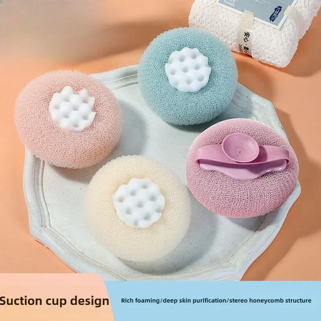 Bath Ball Suction Cup Massage Sponge – 2-in-1 Bathing & Exfoliating Accessory | Available in White, Blue, Pink, Purple