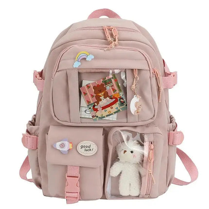 Cute Women’s Waterproof Nylon Backpack – Multi-Pocket Kawaii School & Laptop Bag (Fits 15-inch Laptop, A4 Books)