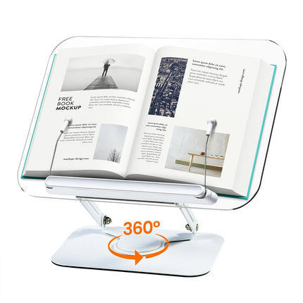 Adjustable Acrylic Book Stand with 360° Rotating Base – Foldable Desktop Reading Holder with Elastic Page Clips & Height Adjustment