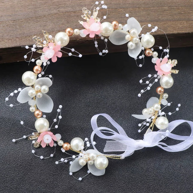 Bride Wedding Hair Accessory Pearl Flower Headband – Girls Crystal Floral Crown Garland Head Hoop Headpiece Hair Jewelry