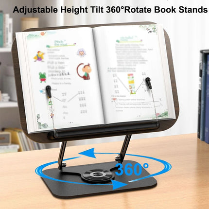 Adjustable Acrylic Book Stand with 360° Rotating Base – Foldable Desktop Reading Holder with Elastic Page Clips & Height Adjustment