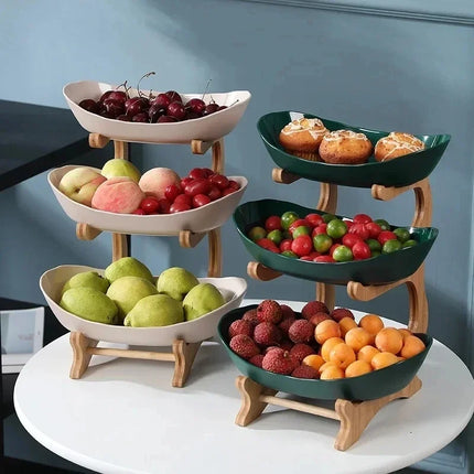 1/2/3 Tier Fruit Plate – Light Luxury Plastic Snack & Candy Dish with Wooden Handle for Home, Kitchen, Living Room