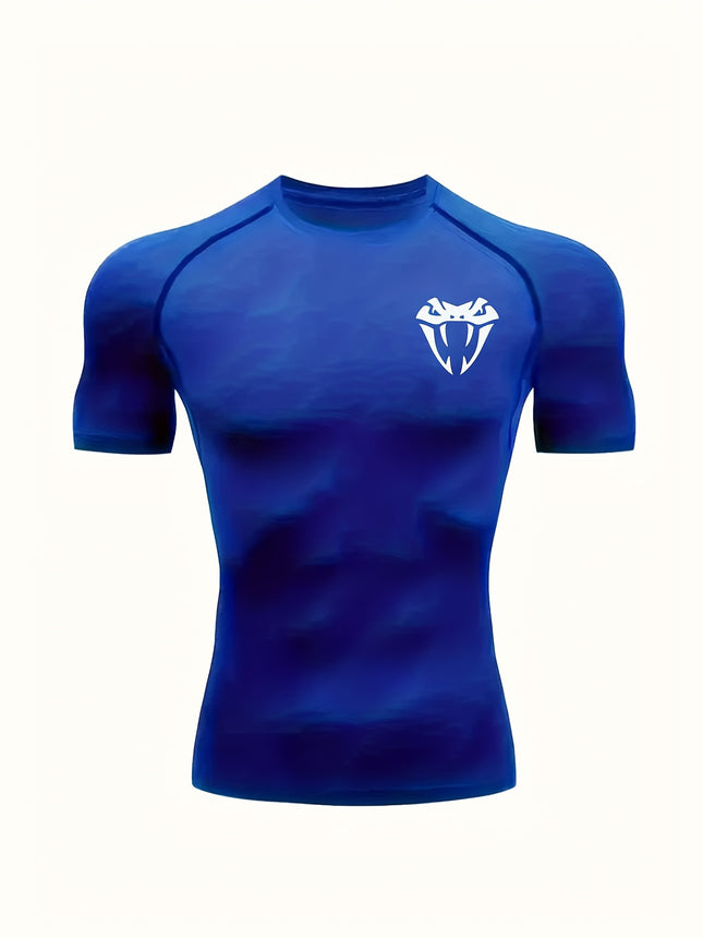 Men’s Quick-Dry Athletic Compression T-Shirt with Serpent Head Logo – High Stretch, Breathable Short Sleeve Shirt for Running & Workouts, Blue