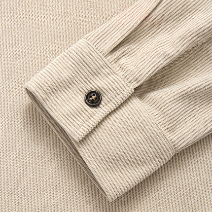 Men’s Casual Corduroy Shirt – White Long Sleeve Button-Up with Double Patch Pockets, Fall Street Style Essential