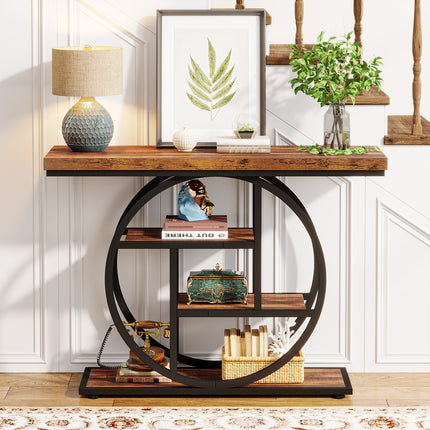 4-Tier Industrial Console Table – 105cm Rustic Brown Entryway Table with Circular Metal Frame & Engineered Wood Shelves for Living Room, Hallway, or Sofa Back