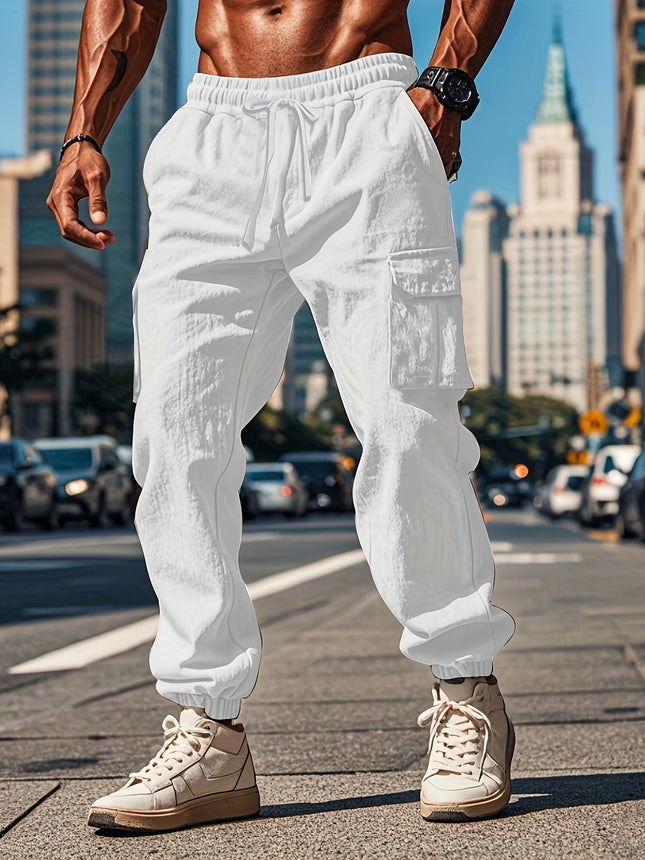 Men’s White Casual Cargo Pants – Solid Color Linen Blend with Drawstring Waist & Multiple Pockets for Everyday & Outdoor Wear