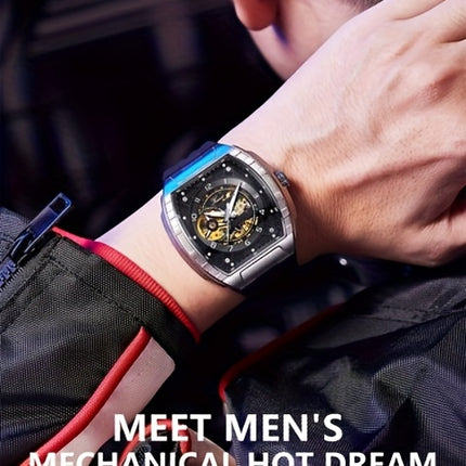 KUERST Men's Automatic Mechanical Watch – 3D Hollow Dial, Barrel Shape, Self-Winding, Vintage Sports Business Style with Rubber Strap