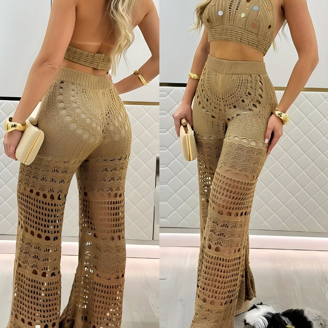 Women’s Two-Piece Acrylic Suit Set – Hollow Pattern, Solid Color, Golden Coast Style | Non-Stretch Woven Fabric