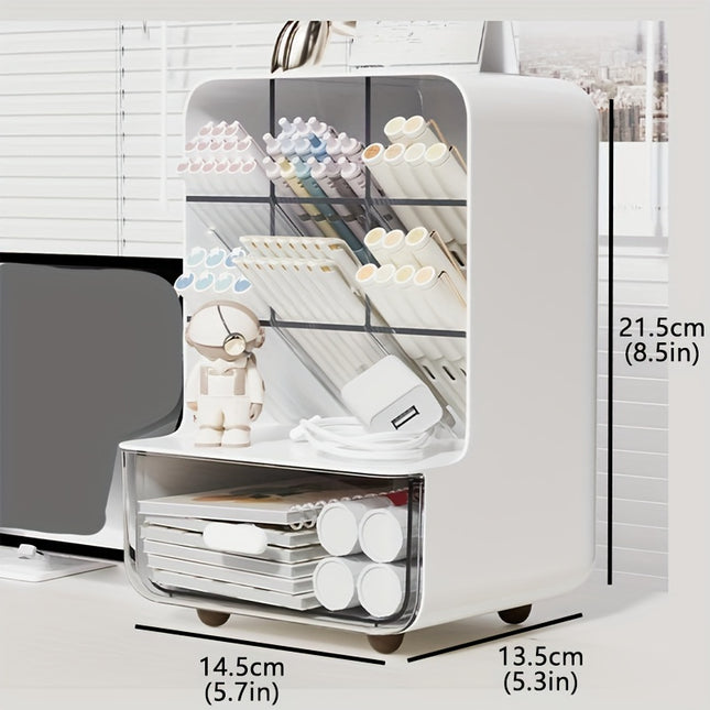 6-Section Modern Plastic Desk Organizer with Drawer | Multi-Compartment Stationery Holder