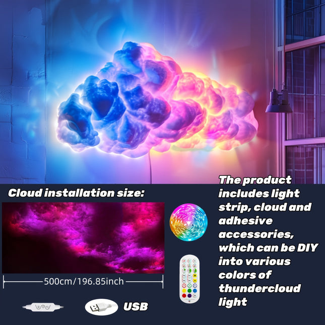 4.88m Big Cloud Light – Music-Sync Multicolor LED Strip with Remote, USB Power, & Adjustable Height for Gaming Rooms & Bedrooms