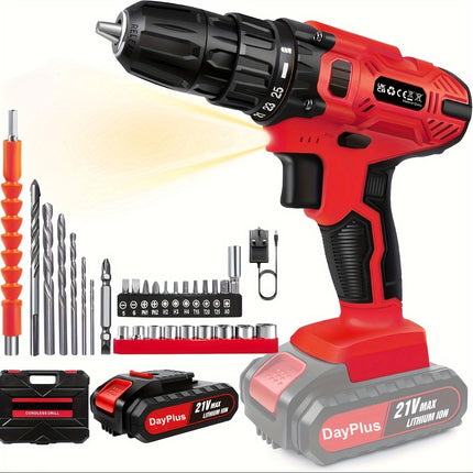 21V Cordless Electric Drill Set – 45Nm Power Drill with 25+1 Torque Settings, 2-Speed, LED Light & 29 Accessories for Home DIY