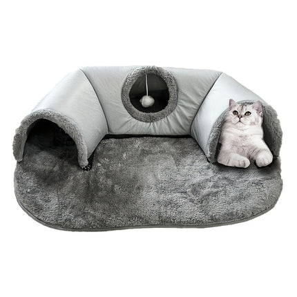 3-in-1 Cozy Cat Tunnel Bed – Play Mat, Hideout & Warm Nest for Cats, Rabbits & Small Pets – Non-Slip Base, Soft Polyester