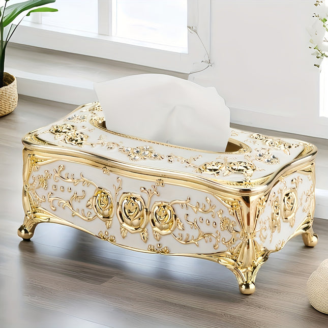 Luxury Rose Pattern Tissue Box 🌹 | Golden-Plated Square Paper Holder for Home & Hospitality