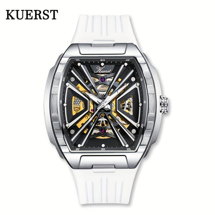 KUERST Men's Automatic Mechanical Watch – 3D Hollow Dial, Barrel Shape, Self-Winding, Vintage Sports Business Style with Rubber Strap