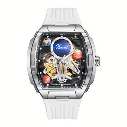 KUERST Men's Automatic Mechanical Watch – 3D Hollow Dial, Barrel Shape, Self-Winding, Vintage Sports Business Style with Rubber Strap