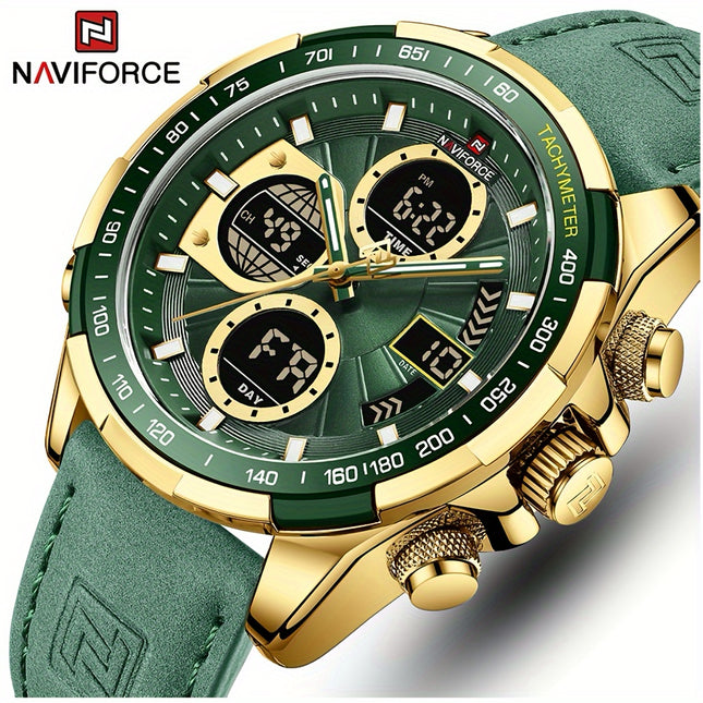 NAVIFORCE Dual-Display Men’s Sports Watch – Quartz Movement, Leather Strap, Electronic Analog-Digital Combo