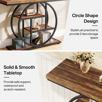 4-Tier Industrial Console Table – 105cm Rustic Brown Entryway Table with Circular Metal Frame & Engineered Wood Shelves for Living Room, Hallway, or Sofa Back