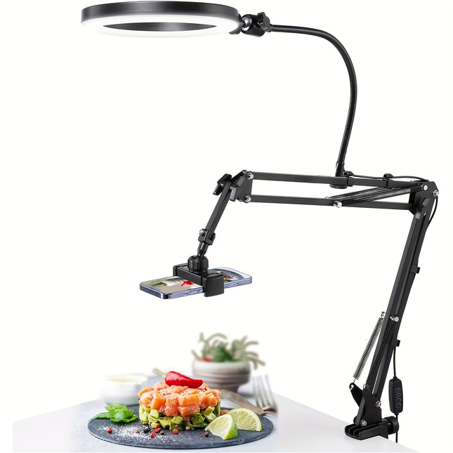 Adjustable Aluminum Alloy Phone Stand with Ring Light – Overhead Desk Arm Mount for iPhone, Live Streaming, Cooking, Art & More – Sleek Black Desktop Holder