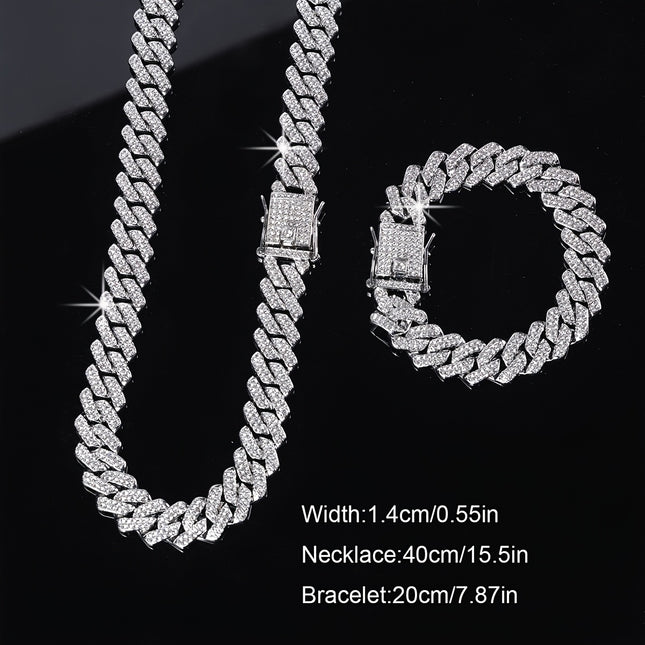2pcs Unisex Hip Hop Jewelry Set – Silver Plated Necklace + Bracelet with Rhinestones | Punk Style Chain Set for Men & Women