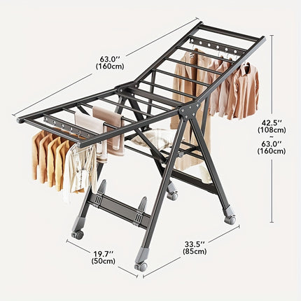 Heavy-Duty Folding Clothes Drying Rack – Aluminum A-Frame with Shoe Rack, Adjustable Height, 4 Wheels, Tool-Free Setup | Indoor/Outdoor | Gray