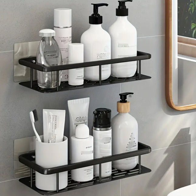 2pcs Black Stainless Steel Wall-Mounted Bathroom Shelves – No-Drill Shower Caddy with Hooks – Rust-Proof, Tiered Storage Organizer for Shampoo & Essentials