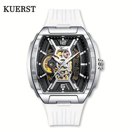 KUERST Men's Automatic Mechanical Watch – 3D Hollow Dial, Barrel Shape, Self-Winding, Vintage Sports Business Style with Rubber Strap