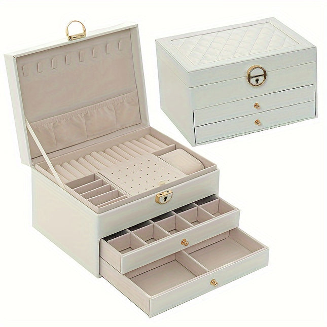 Classic Large Capacity Jewelry Organizer Box – Multi-Layered Wood Storage with Key Lock, Fabric-Lined Drawers for Rings, Earrings, Necklaces & More