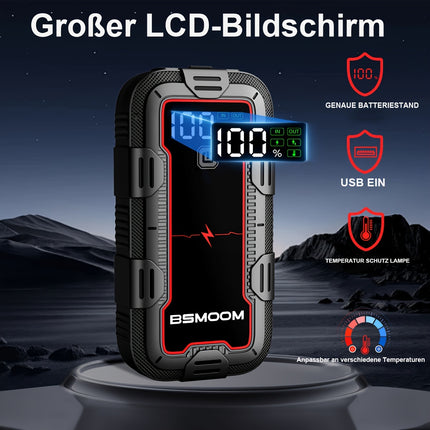 BSMOOM 12V 6000A Car Jump Starter – High-Capacity Battery Booster Pack with LED Flashlight, LCD Display, Power Bank & Quick Charge