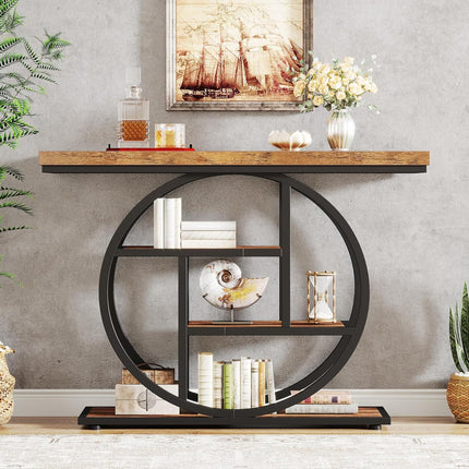 4-Tier Industrial Console Table – 105cm Rustic Brown Entryway Table with Circular Metal Frame & Engineered Wood Shelves for Living Room, Hallway, or Sofa Back