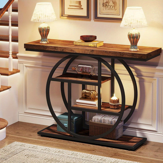 4-Tier Industrial Console Table – 105cm Rustic Brown Entryway Table with Circular Metal Frame & Engineered Wood Shelves for Living Room, Hallway, or Sofa Back