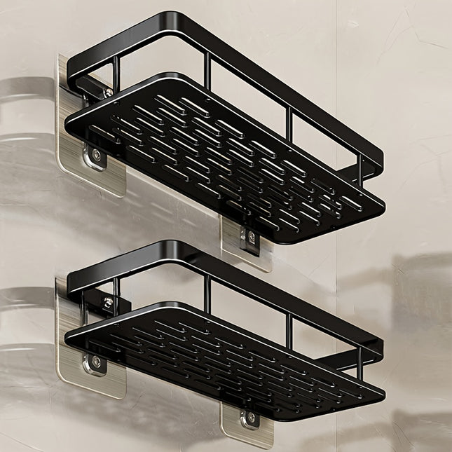 2pcs Black Stainless Steel Wall-Mounted Bathroom Shelves – No-Drill Shower Caddy with Hooks – Rust-Proof, Tiered Storage Organizer for Shampoo & Essentials