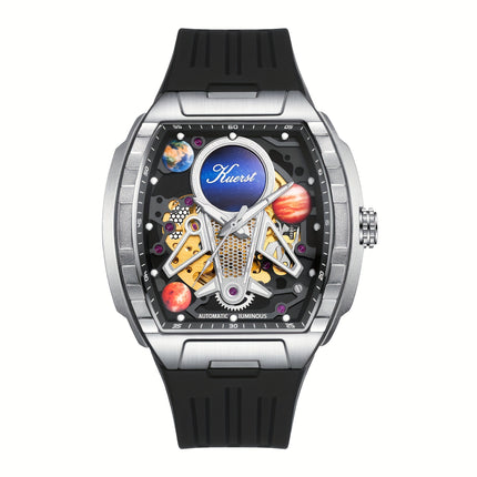 KUERST Men's Automatic Mechanical Watch – 3D Hollow Dial, Barrel Shape, Self-Winding, Vintage Sports Business Style with Rubber Strap