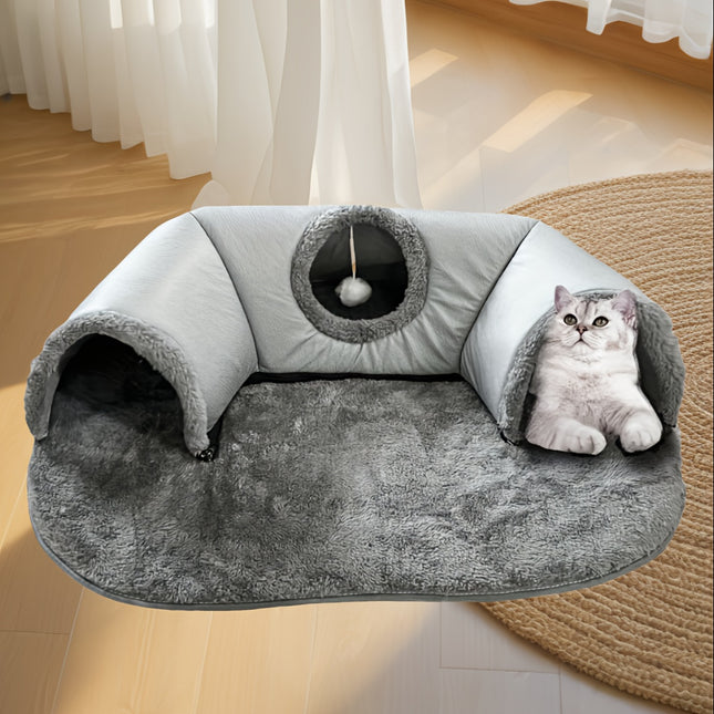 3-in-1 Cozy Cat Tunnel Bed – Play Mat, Hideout & Warm Nest for Cats, Rabbits & Small Pets – Non-Slip Base, Soft Polyester