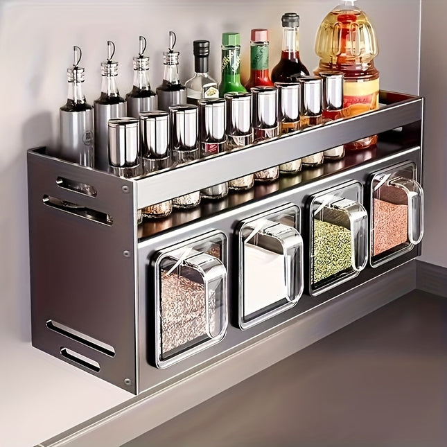 Wall-Mounted Spice Rack Organizer – No-Drill Aluminum Kitchen Storage with Clear Jars for Seasonings – Space-Saving, Durable & Sleek Design