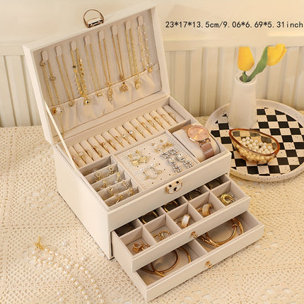 Vintage Faux Leather Jewelry Box – 3-Layer Organizer with Drawers & Buckle Closure for Rings, Earrings, Necklaces & Accessories | Elegant Gift for Women