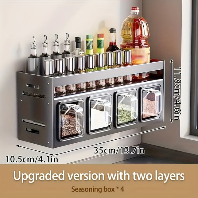 Wall-Mounted Spice Rack Organizer – No-Drill Aluminum Kitchen Storage with Clear Jars for Seasonings – Space-Saving, Durable & Sleek Design