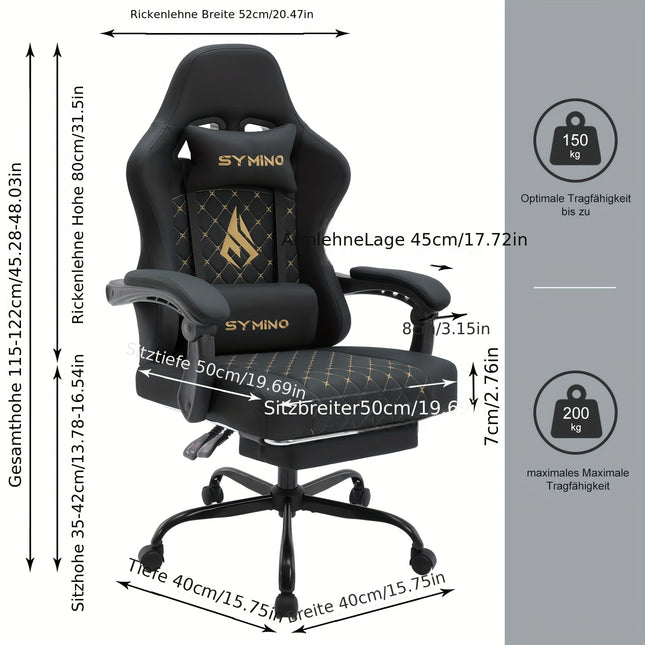 SYMINO Ergonomic Gaming Chair with Footrest & Lumbar Support – Adjustable Recliner PC Chair with Memory Foam & Leather Finish – Black & Grey