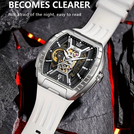 KUERST Men's Automatic Mechanical Watch – 3D Hollow Dial, Barrel Shape, Self-Winding, Vintage Sports Business Style with Rubber Strap