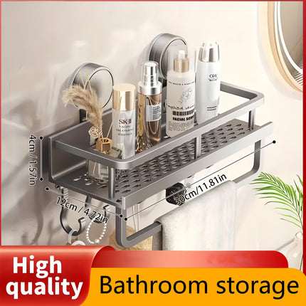 1pc Rustproof Wall-Mounted Shower Caddy with Suction Cups – Polished Floating Shelf with Towel Hooks, Space-Saving Bathroom Organizer for Shampoo, Soap & Essentials